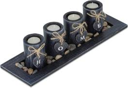 Set suporturi lumanari tip pastila cu tavita decorativa si pietricele, 39,5 cm ,   Relaxdays, negru