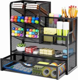 Organizator Birou din Metal cu Sertar Marbrasse ,   Suport Multifunctional pentru Pixuri si Accesori