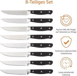 Set 8 cutite steak Amazon Basics ,   inox forjat, lame zimtate fine, maner cu 3 nituri, calitate pre