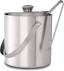 Galeata rotunda pentru gheata 1.5 L, inox dublu-perete + clesti ,   Relaxdays, cu capac, argintiu