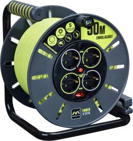 Tambur cablu prelungitor 50 m cu 4 prize si protectie termica ,   robust pentru exterior interior , 