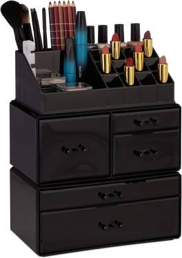 Organizator machiaj cu 21 compartimente si 5 sertare ,   Relaxdays, turn acrilic negru pentru cosmet
