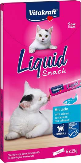 Snack lichid pisici cu Omega-3 ,   Vitakraft Liquid Snack cu Somon, 6 plicuri, fara aditivi artifici