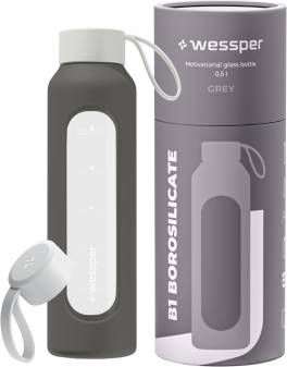 Sticla de apa din sticla borosilicata Wessper 500 ml ,   marcare orara, anti-scurgere, BPA-free, hus