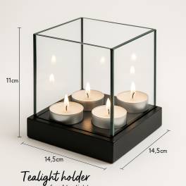 Suport decorativ pentru lumanari tip pastila ,   Tealight Holder din lemn si sticla, 4 lumanari, 14.