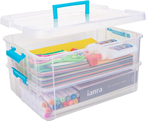 Cutie de Depozitare Creahaus pe 2 Nivele, cu Capac ,   Organizator Plastic Stivuibil pentru Craft, C