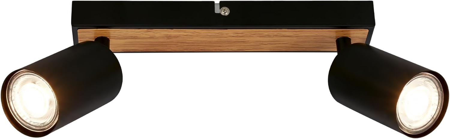 Spot LED de Tavan Rotativ, 2 Brate, GU10, Design Negru cu Lemn ,   BRILONER 25.5 cm