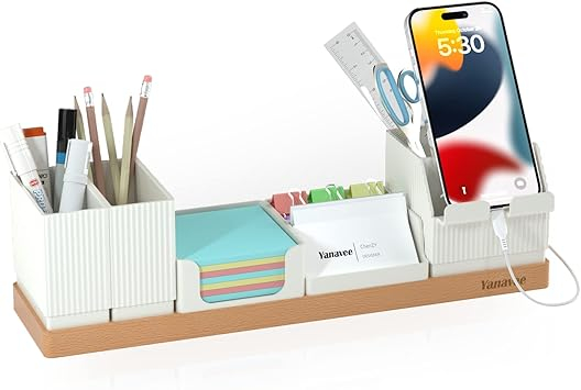 Organizator de Birou din Lemn cu Compartimente Ajustabile ,   Suport Telefon, Suport Pixuri, Suport 