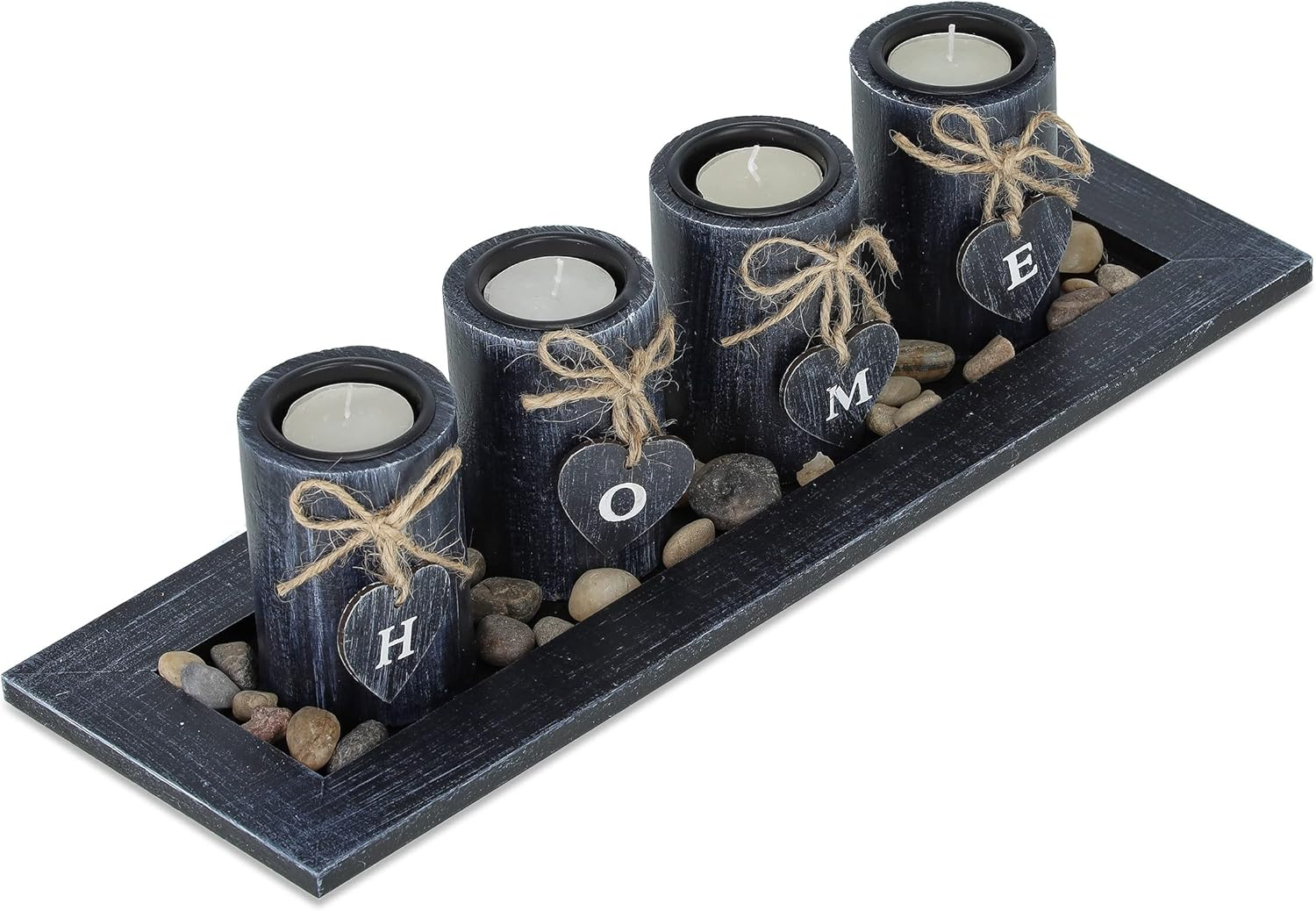 Set suporturi lumanari tip pastila cu tavita decorativa si pietricele, 39,5 cm ,   Relaxdays, negru