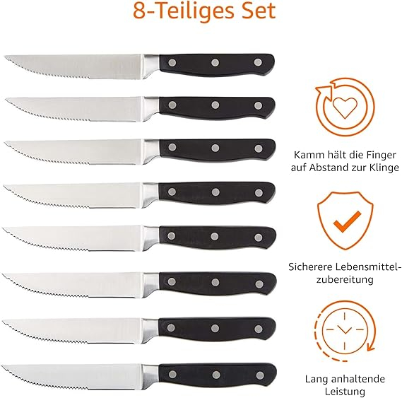 Set 8 cutite steak Amazon Basics ,   inox forjat, lame zimtate fine, maner cu 3 nituri, calitate pre