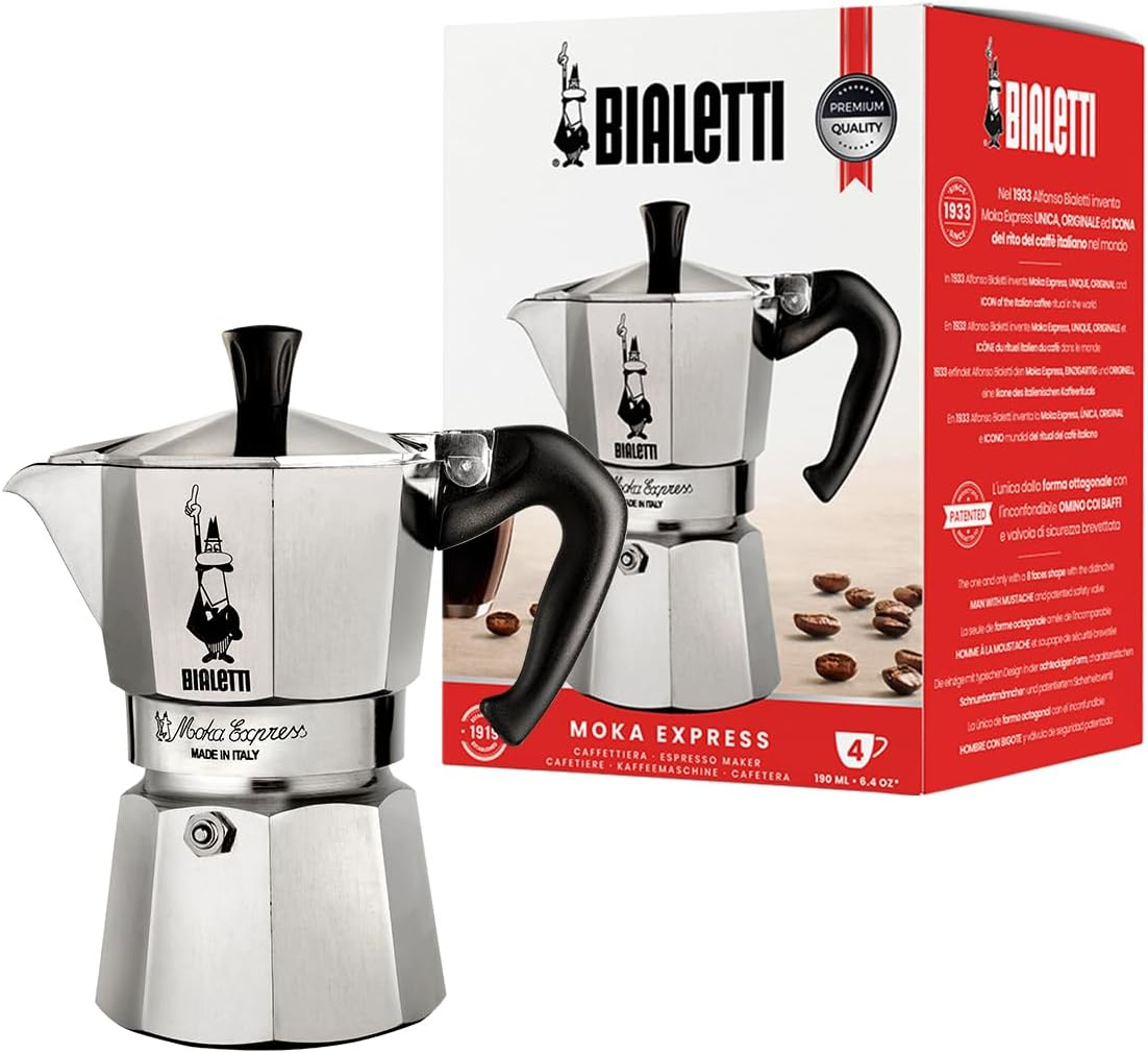 ,   Bialetti Moka Express ,   Cafetiera italiana din aluminiu, 4 cesti (190 ml), maner anti-arsura, 