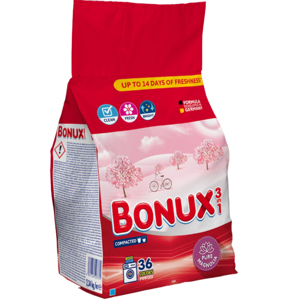 Detergent rufe pudra Bonux 3in1 Pure Magnolia ,   2.34 kg, 36 spalari, curatare eficienta si parfum 