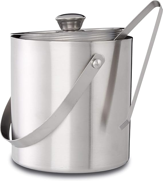 Galeata rotunda pentru gheata 1.5 L, inox dublu-perete + clesti ,   Relaxdays, cu capac, argintiu