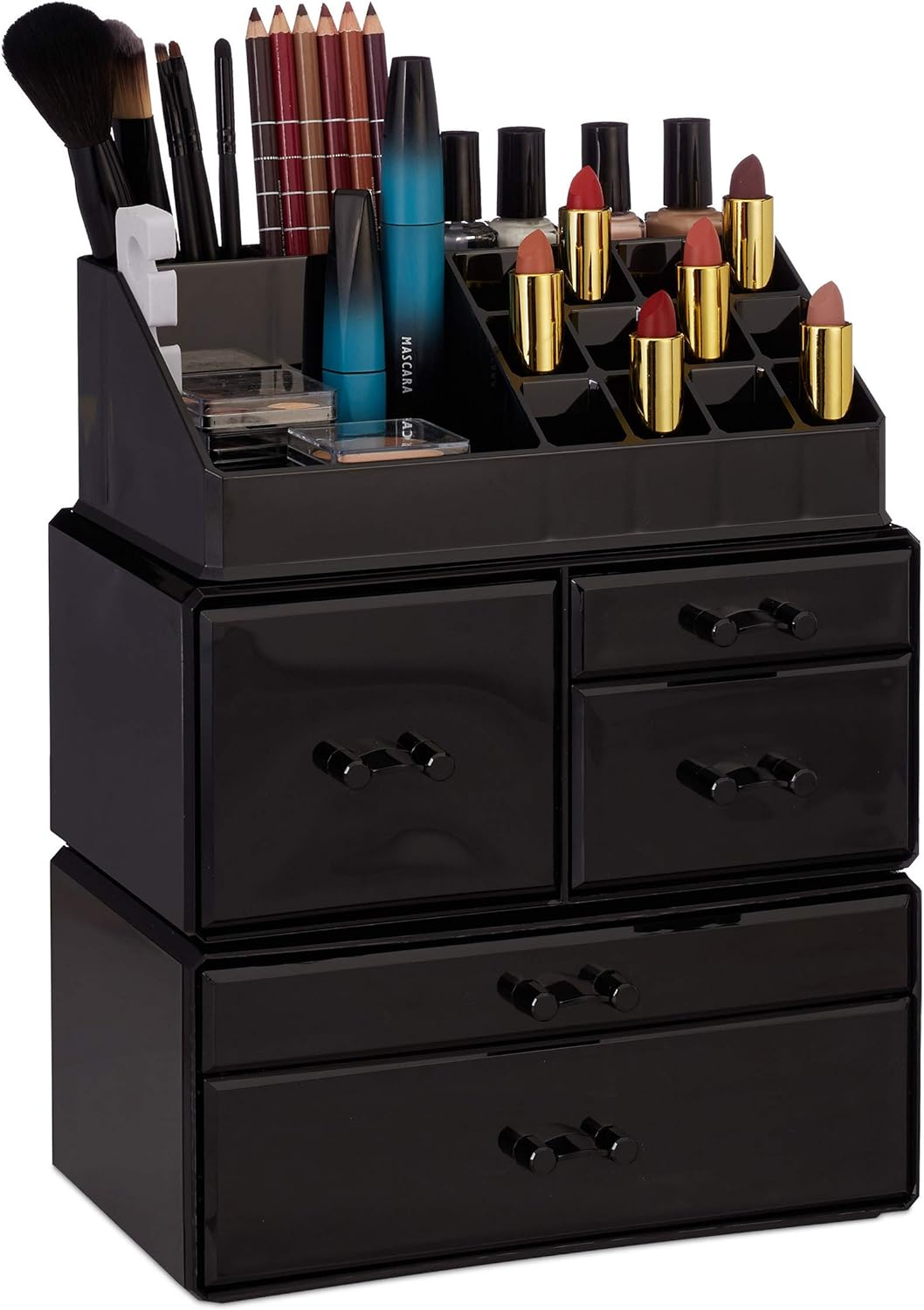 Organizator machiaj cu 21 compartimente si 5 sertare ,   Relaxdays, turn acrilic negru pentru cosmet