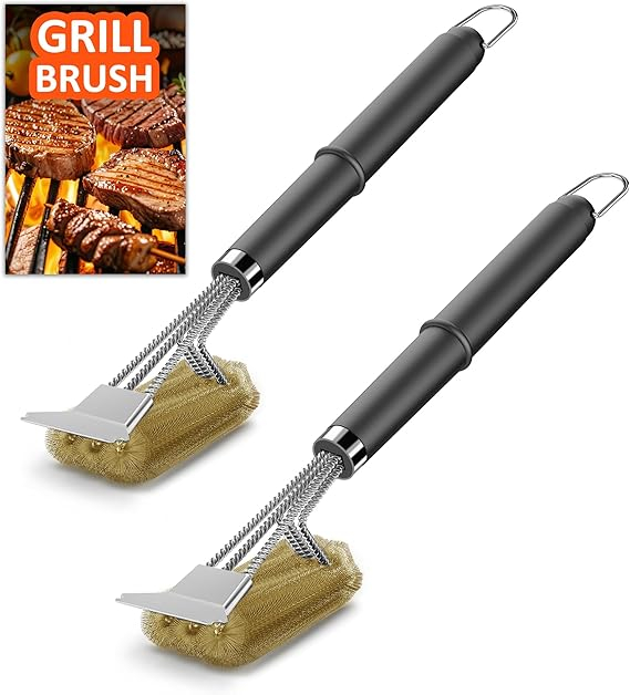 Perie de curatat gratar 3-in-1 cu lama de razuire ,   Set 2 bucati, peri din alama, spatula inox si 