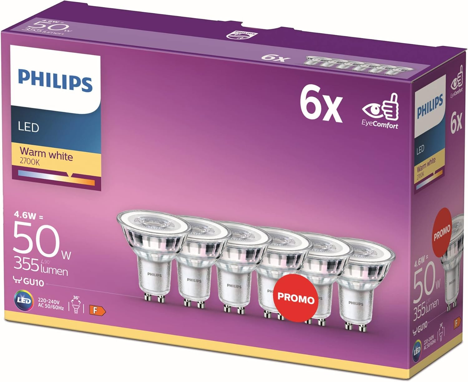 Philips LED Classic GU10 ,   Set 6 Spoturi LED 50W Echivalent, Lumina Alb Cald 2700K, Reflectoare Ec