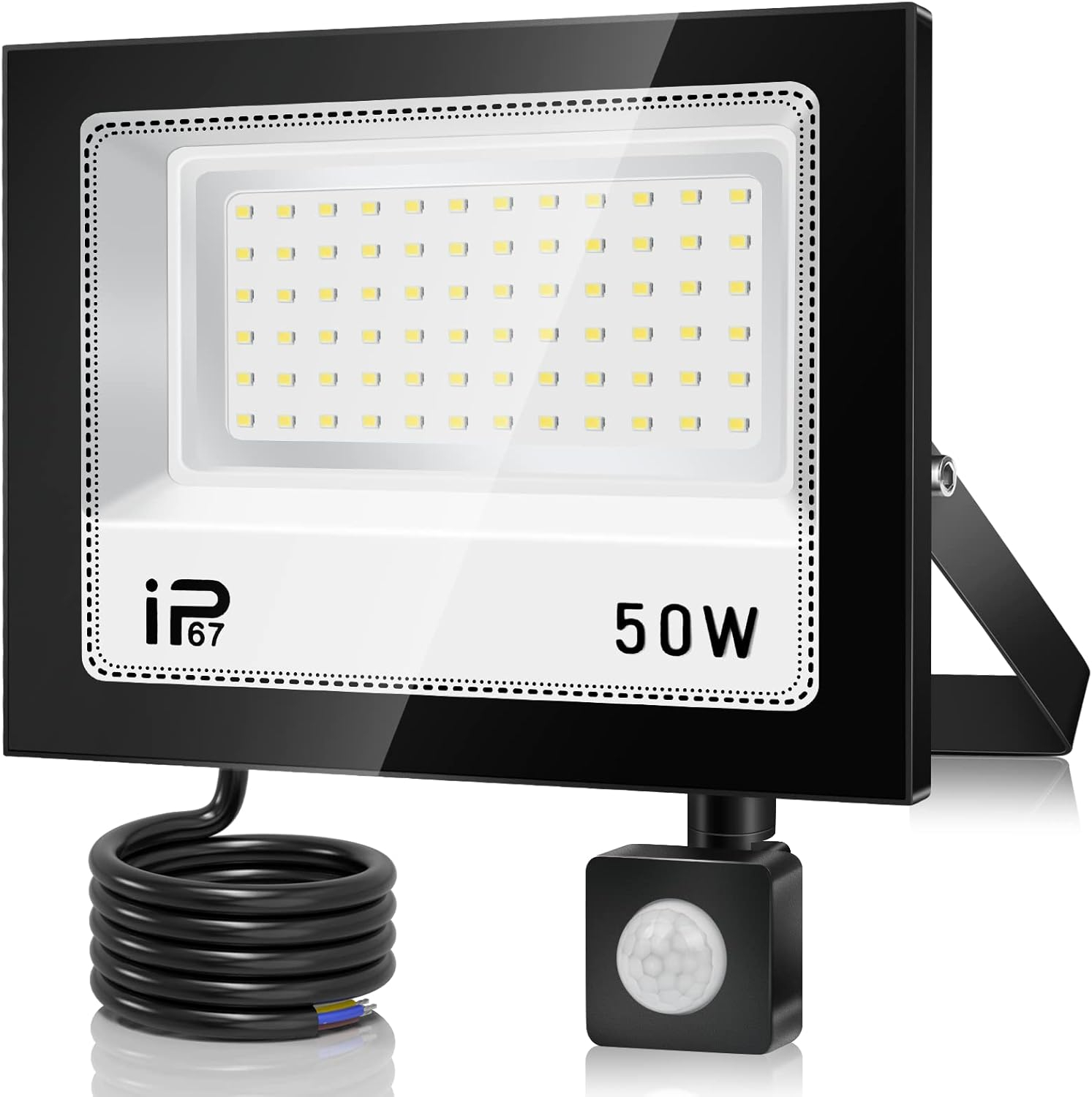 Proiector LED 50W cu senzor de miscare ,   5000LM, 7000K, IP67, 3 moduri PIR ,   Lumina rece pentru 