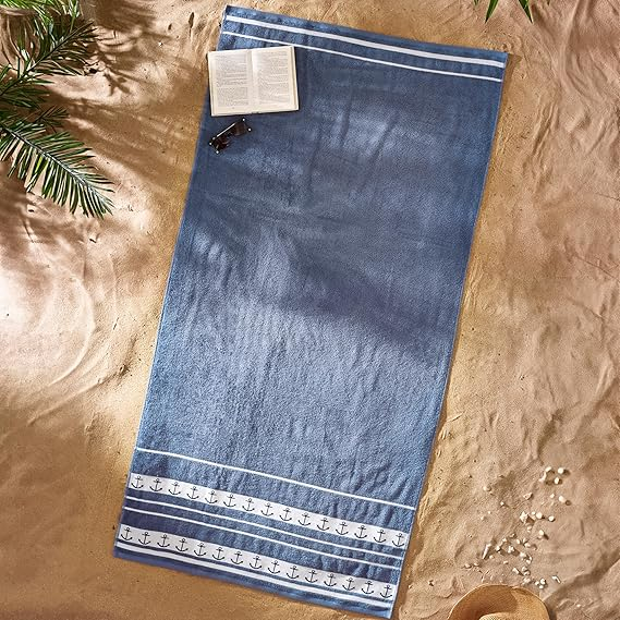 Prosop de Plaja Extra Mare Catherine Lansfield Anchors, 90 x 180 cm, 100% Bumbac, Albastru