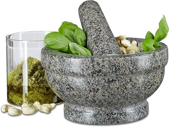 Pistil si Mojar din Granit, 17 cm, Robust si Durabil, Granit Natural slefuit ,   Relaxdays