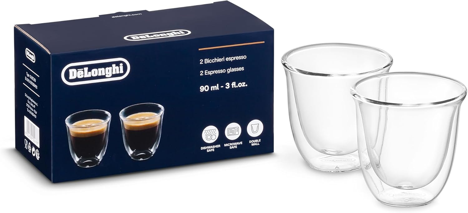 Set 2 pahare termice espresso De,  Longhi ,   sticla dublu-perete, 60 ml, termoizolante, compatibile
