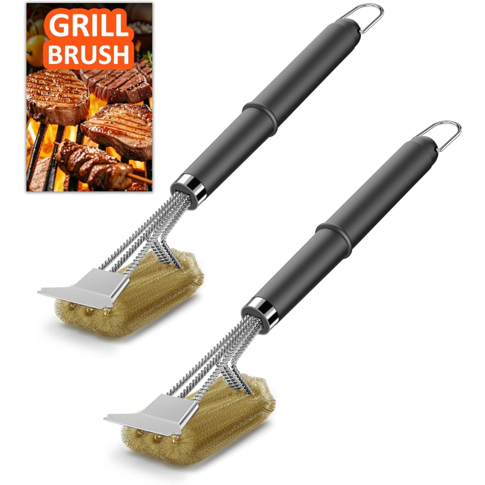 Set 2 Perii pentru Grătar 3-&icirc;n-1 TNTOR  &ndash; Perii din Alamă + Spatulă Inox și M&acirc;ner Termorezistent pentru Curățare Rapidă Grătar Gaz, Cărbune sau Electric