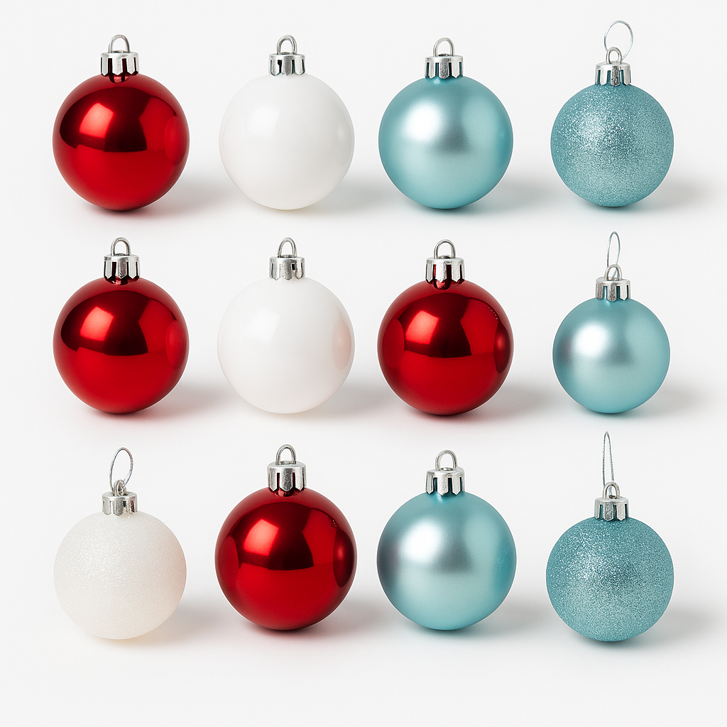 Set 9 globuri Craciun O60 mm ,   Roldan, culori mixte (rosu, alb, albastru), finisaje mate si lucioa