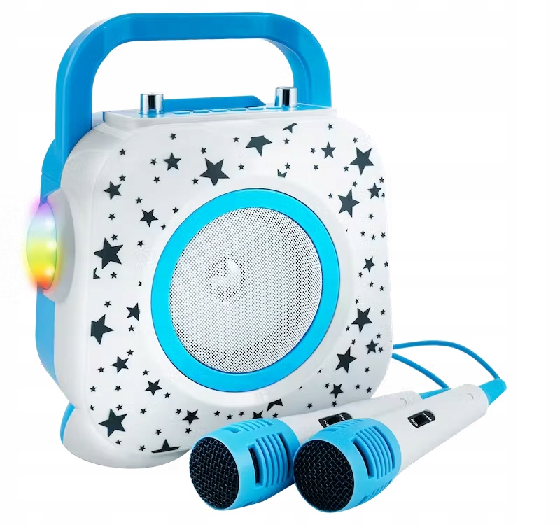 Set Karaoke pentru Copii cu 2 Microfoane si Boxa Portabila Bluetooth, Lumini LED, Albastru