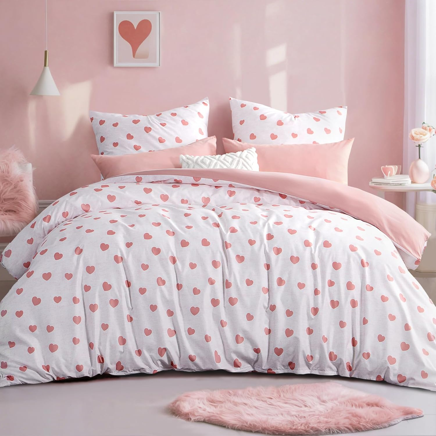 Set lenjerie pat 200A 220 cm ,   RUIKASI, 3 piese, microfibra fina, imprimeu cu inimioare, roz, resp