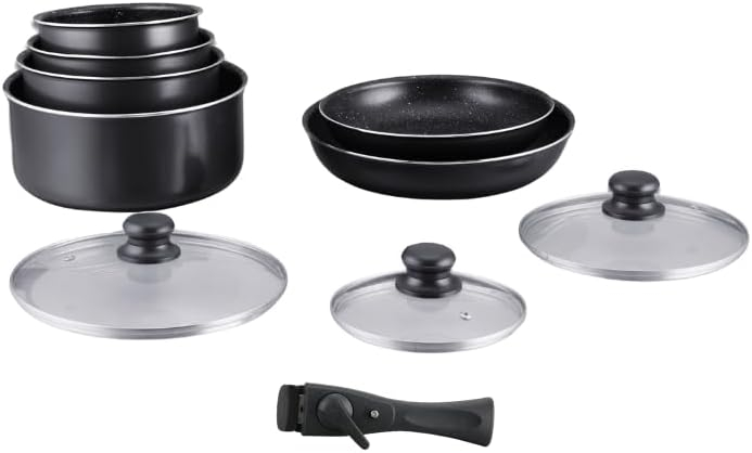 Set vase 10 piese cu invelis piatra stone si maner detasabil ,   compatibil inductie si toate plitel