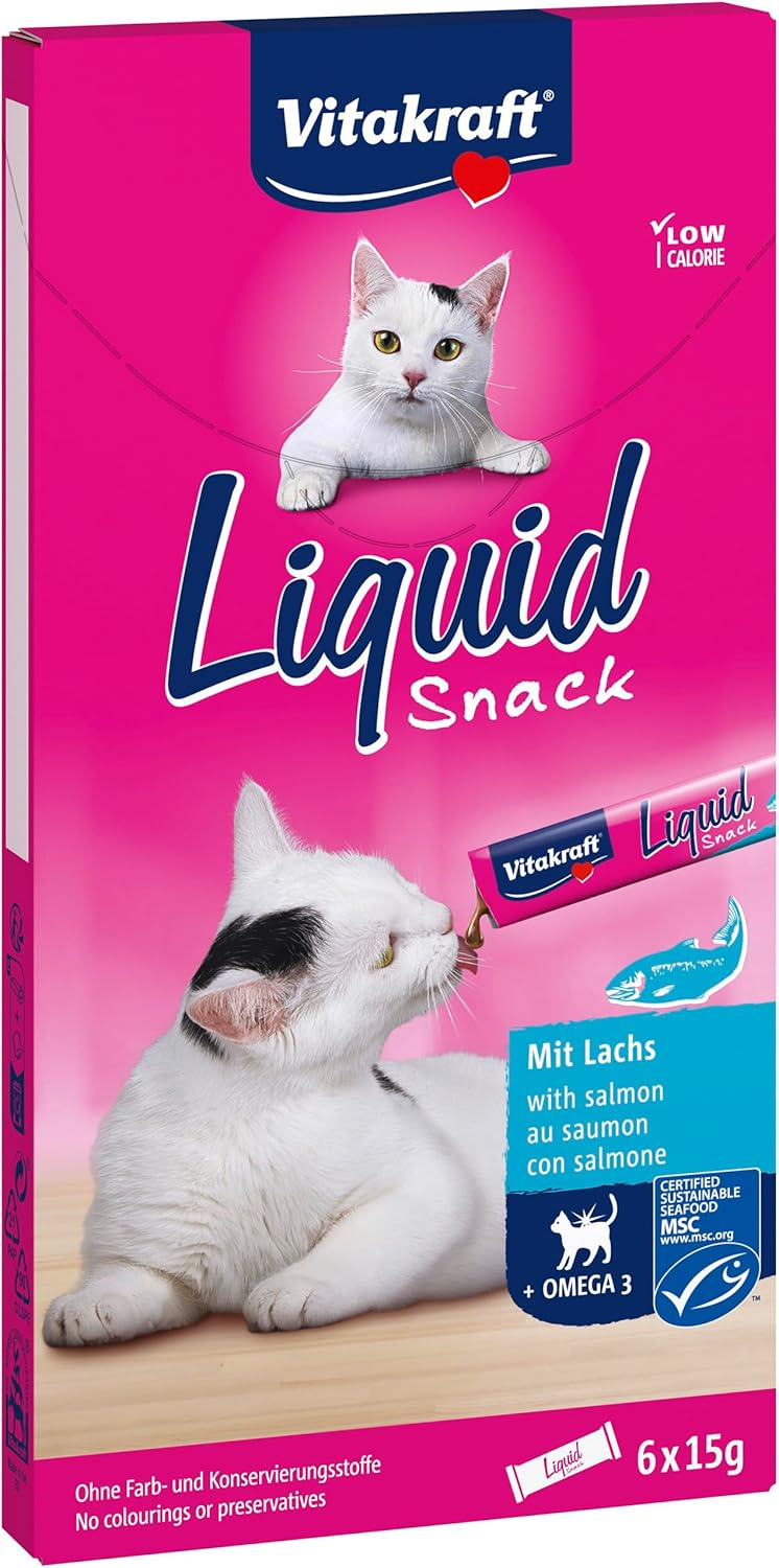 Snack lichid pisici cu Omega-3 ,   Vitakraft Liquid Snack cu Somon, 6 plicuri, fara aditivi artifici