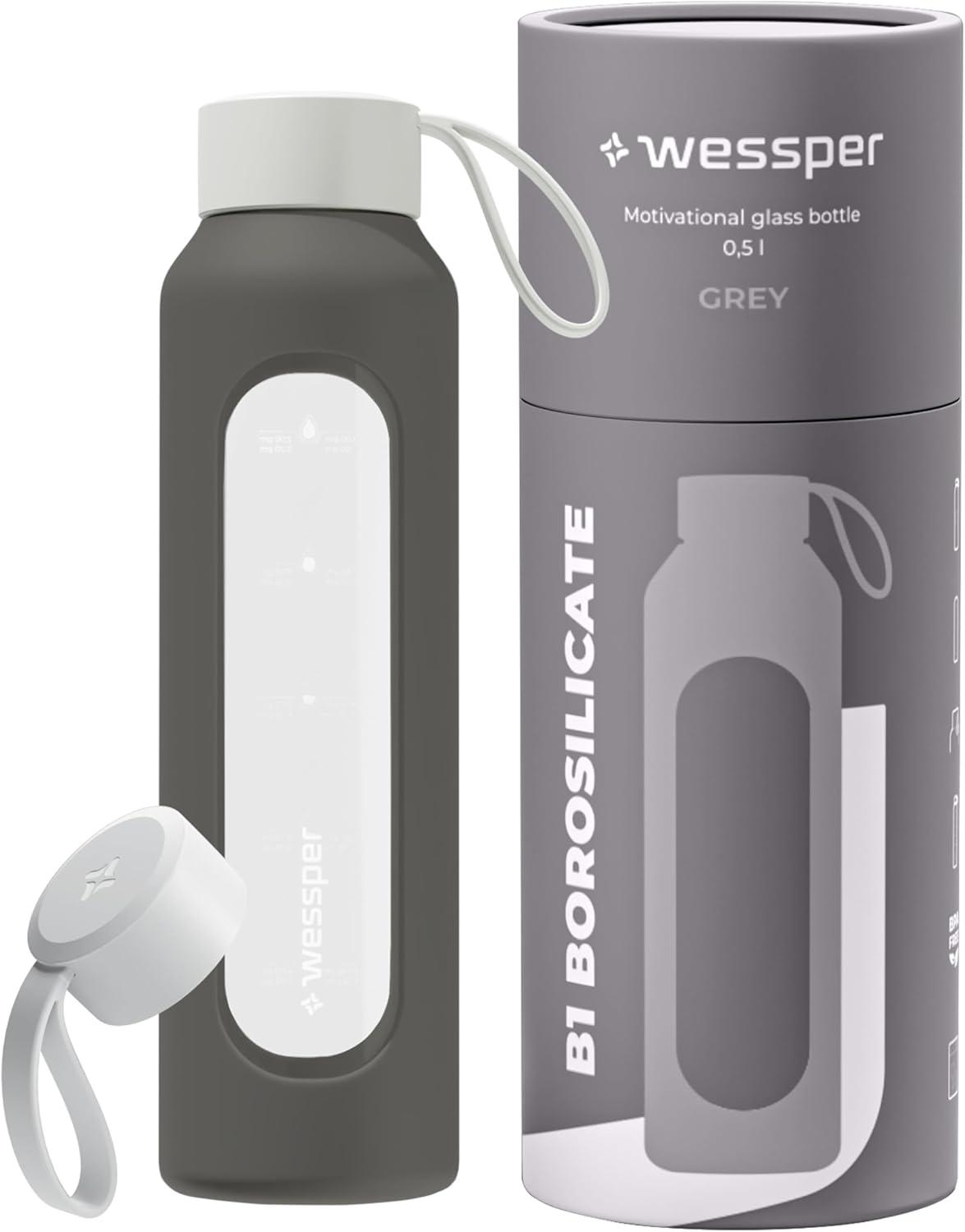 Sticla de apa din sticla borosilicata Wessper 500 ml ,   marcare orara, anti-scurgere, BPA-free, hus