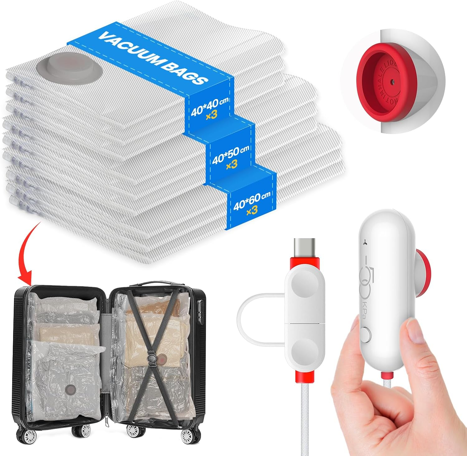 Set 9 pungi de vidat reutilizabile pentru haine, cu pompa electrica USB ,   economisire spatiu, mari